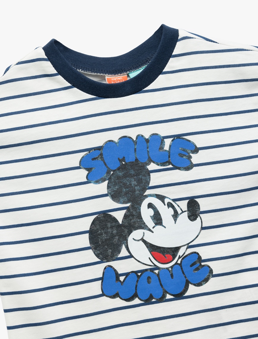  Erkek Bebek Kısa Kollu Bisiklet Yaka Pamuklu Çizgili Lisanslı Mickey Mouse Tişört