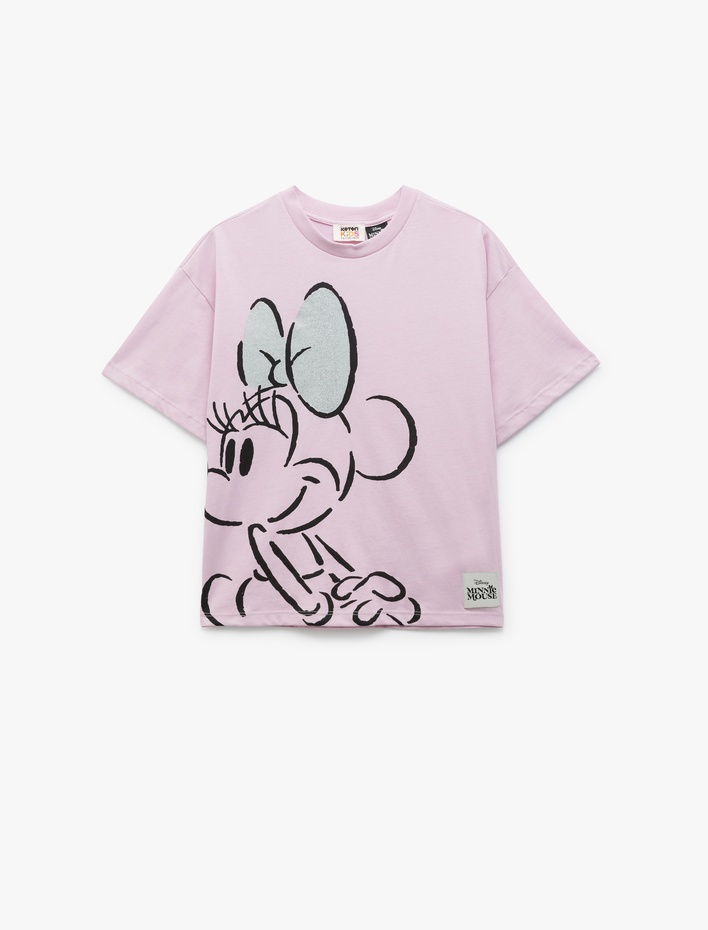 Kız Çocuk Minnie Mouse Lisanslı Kısa Kollu Pullu Pamuklu Baskılı Tişört