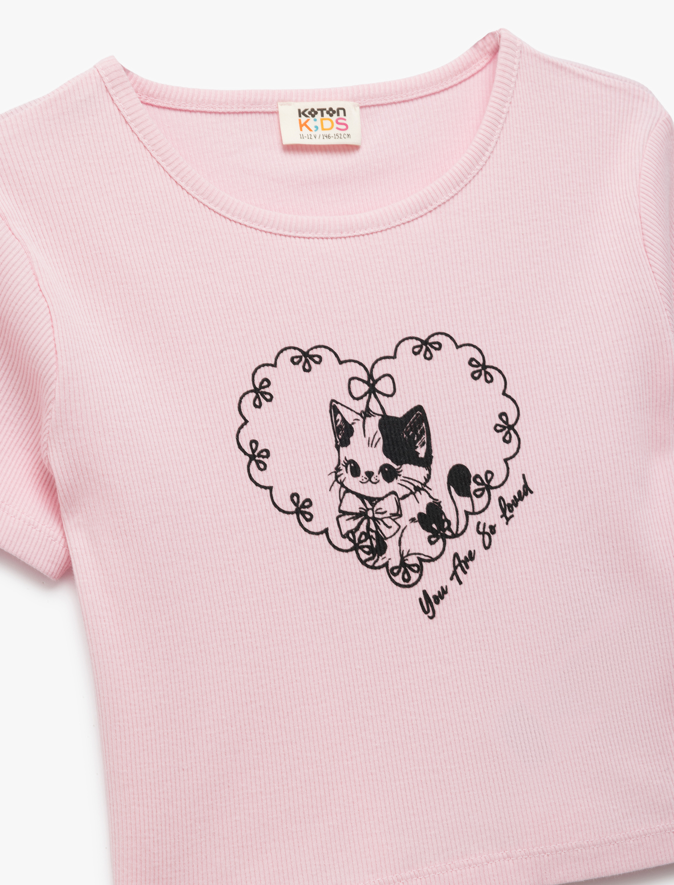  Kız Çocuk Kedi Baskılı Kısa Kollu Crop Tişört