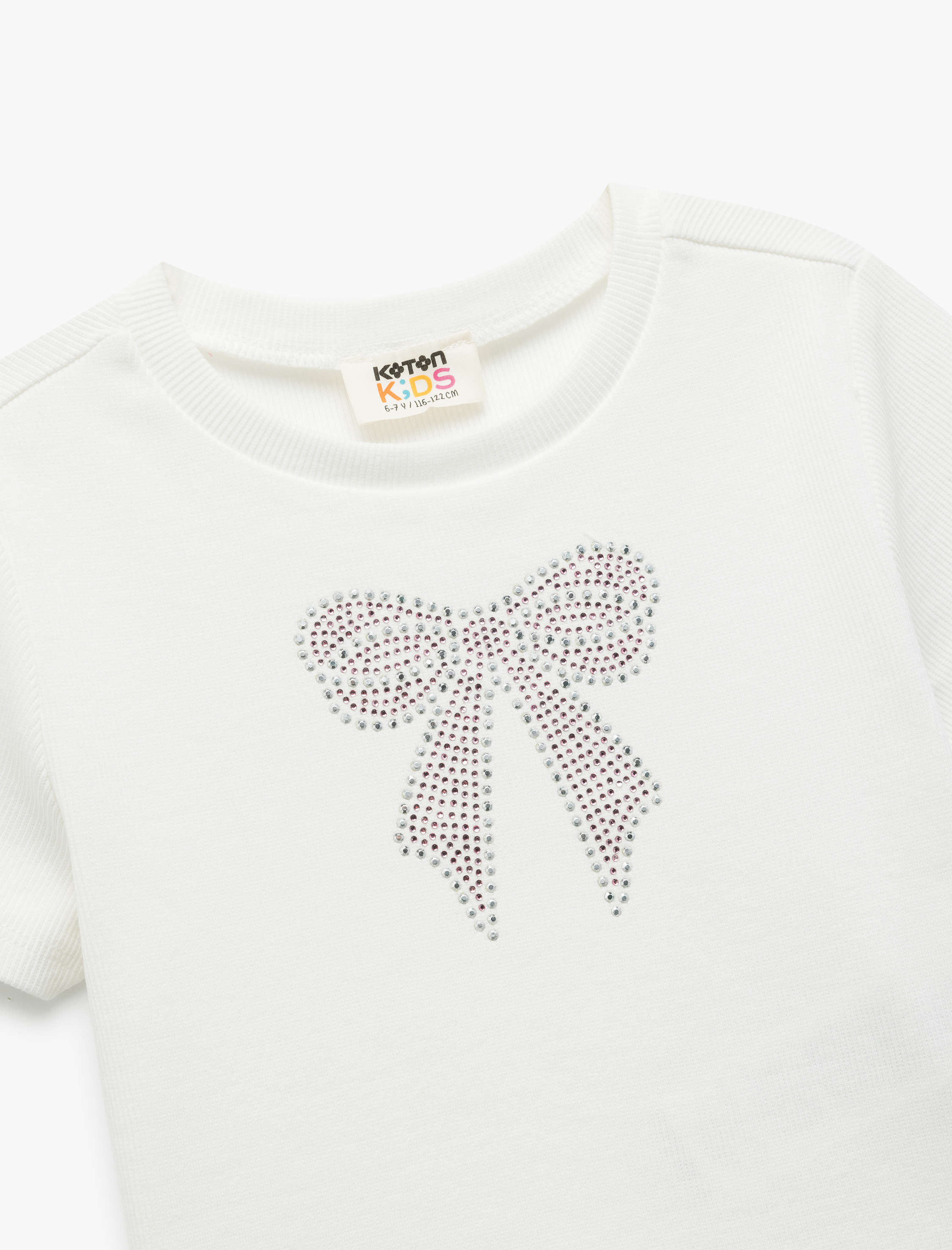  Kız Çocuk Pamuklu Bisiklet Yaka Kısa Kollu Fiyonk Baskılı Crop Tişört