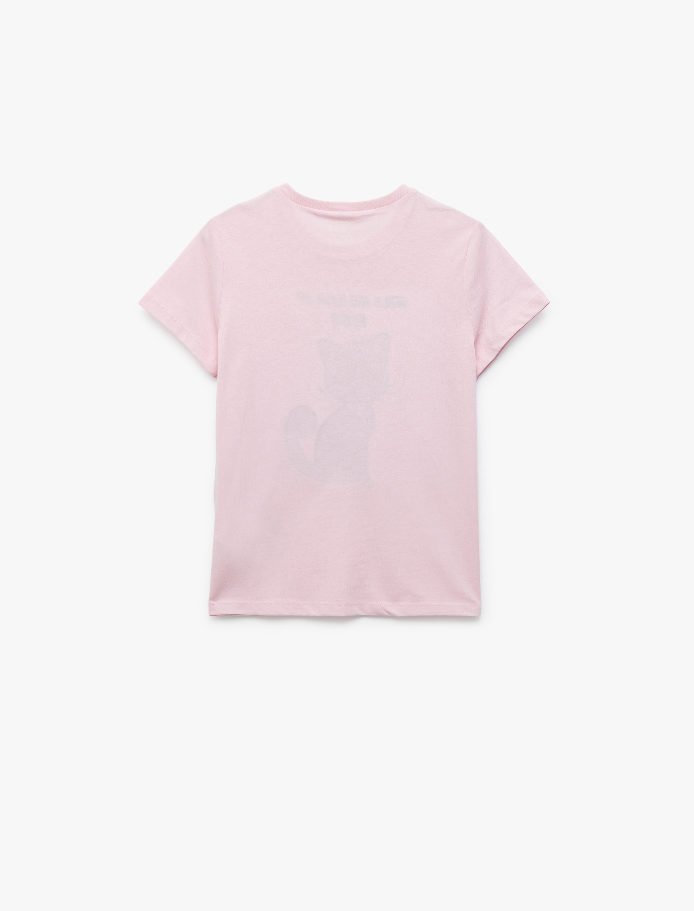  Kız Çocuk Tişört Kısa Kollu Kedi Baskılı Bisiklet Yaka Pamuklu Pullu Payetli