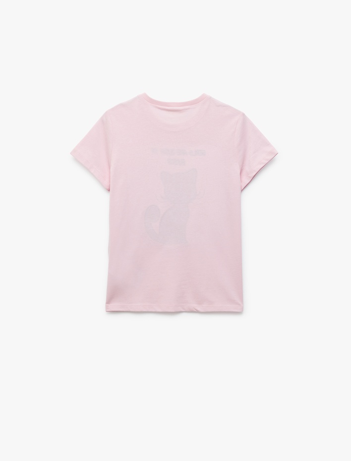 Kız Çocuk Tişört Kısa Kollu Kedi Baskılı Bisiklet Yaka Pamuklu Pullu Payetli