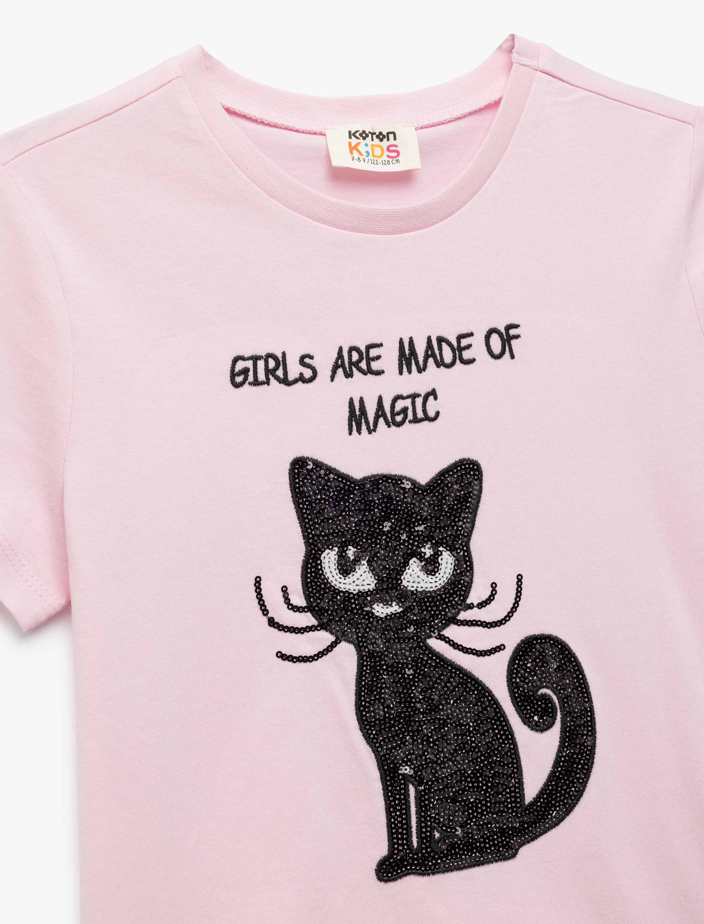  Kız Çocuk Tişört Kısa Kollu Kedi Baskılı Bisiklet Yaka Pamuklu Pullu Payetli