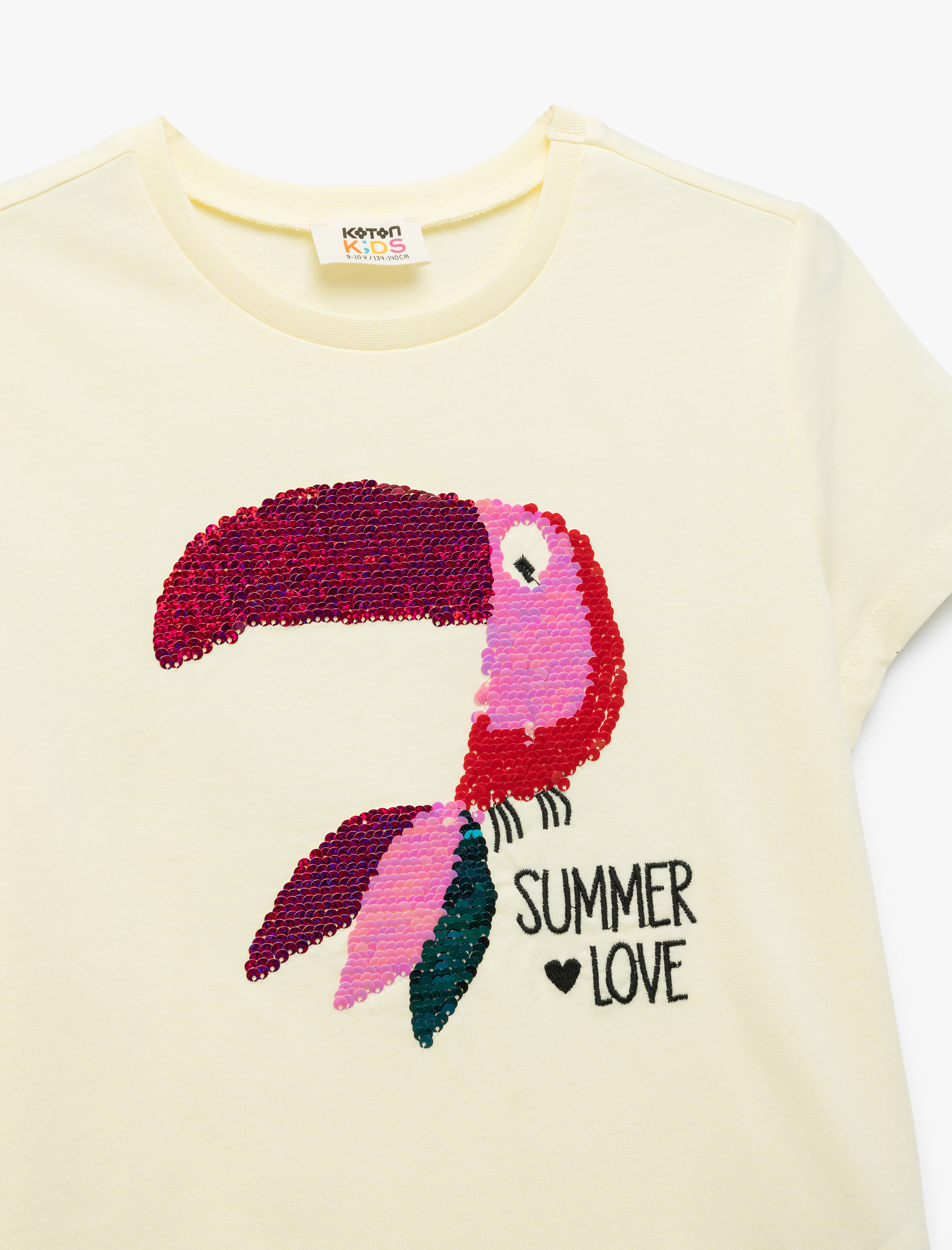  Kız Çocuk Tişört Pullu Payetli Kısa Kollu Papağan Baskılı Pamuklu