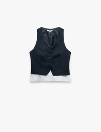 İki Farklı Kumaş Detaylı V Yaka Düğmeli Blazer Yelek