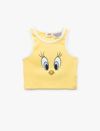 Tweety Lisanslı Pamuklu Slim Fit Bisiklet Yaka Baskılı Crop Atlet