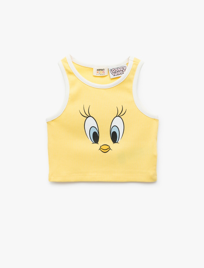 Kız Çocuk Tweety Lisanslı Pamuklu Slim Fit Bisiklet Yaka Baskılı Crop Atlet