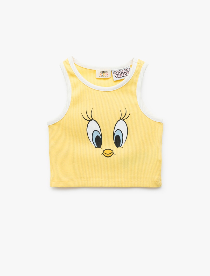  Kız Çocuk Tweety Lisanslı Pamuklu Slim Fit Bisiklet Yaka Baskılı Crop Atlet