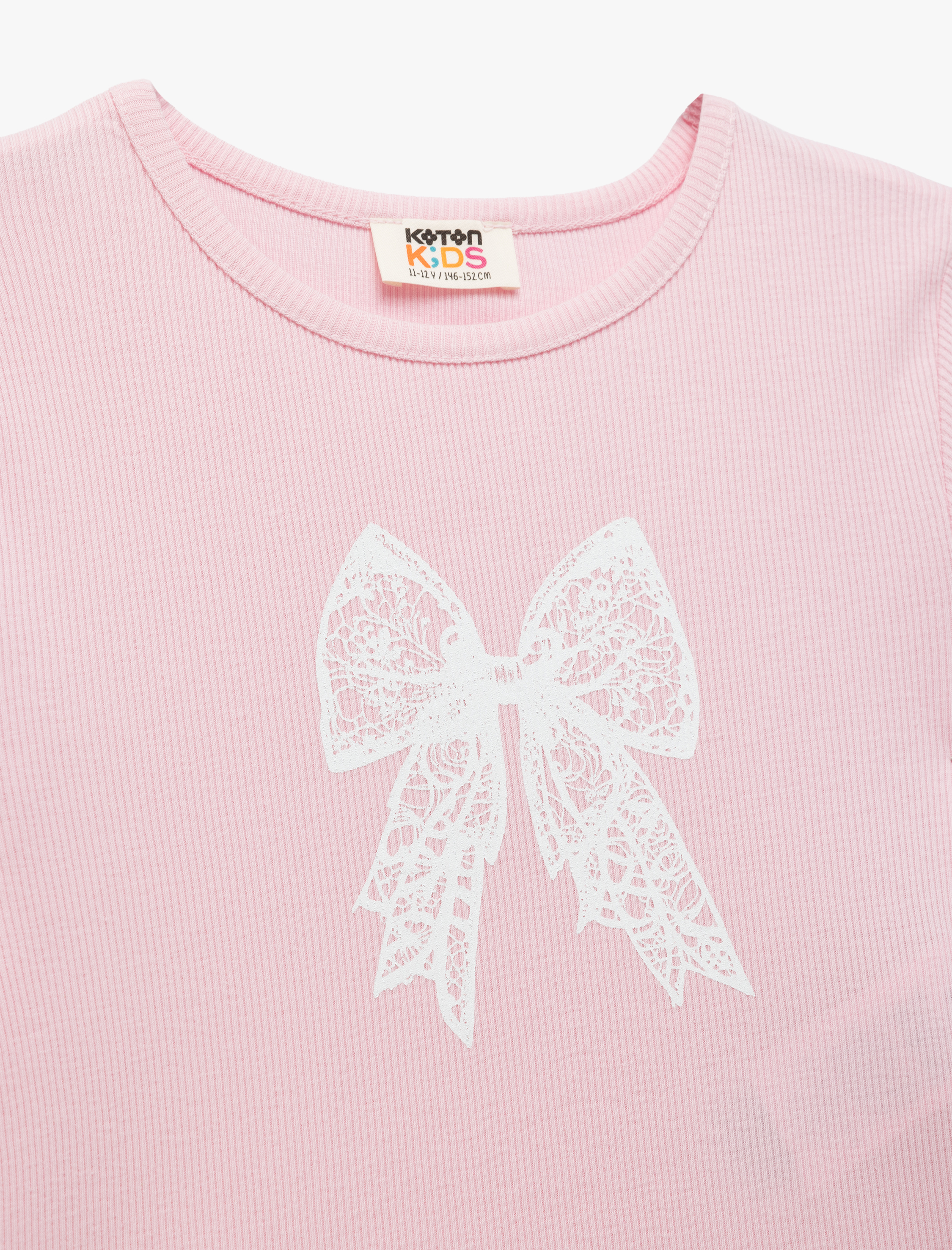  Kız Çocuk Bisiklet Yaka Kısa Kollu Fiyonk Detaylı Pamuklu Tişört