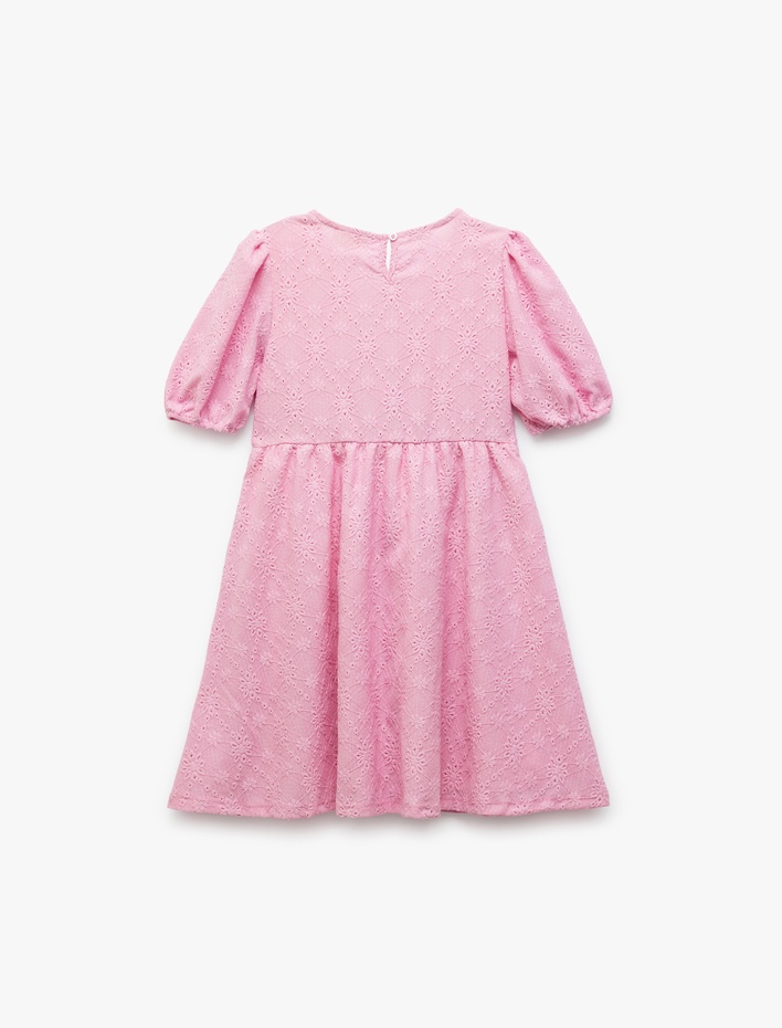 Kız Çocuk Yuvarlak Yaka Kısa Kollu Büzgü Detaylı Brodeli Elbise