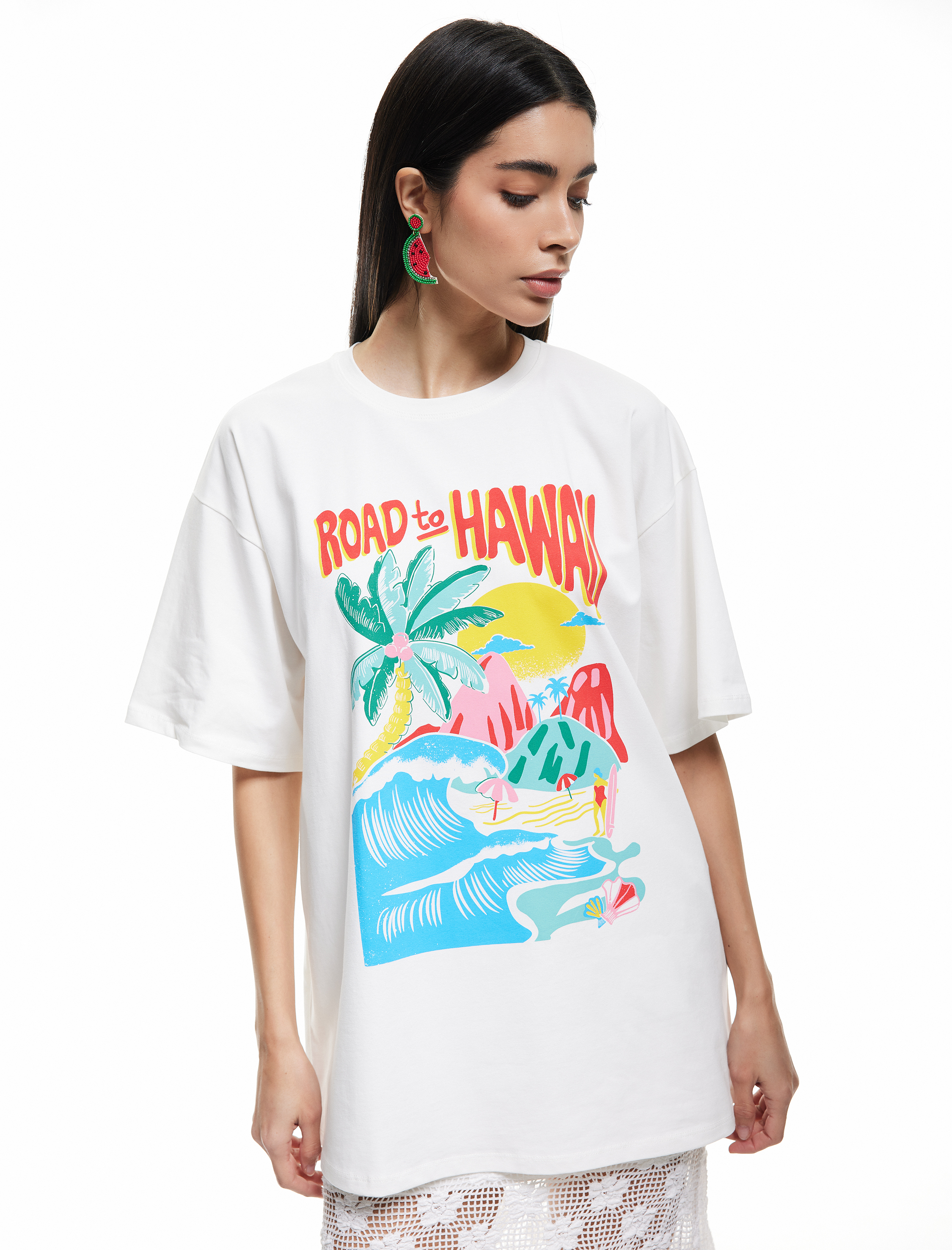   Pamuklu Kısa Kollu Bisiklet Yaka Yaz Temalı Baskılı Oversize Tişört