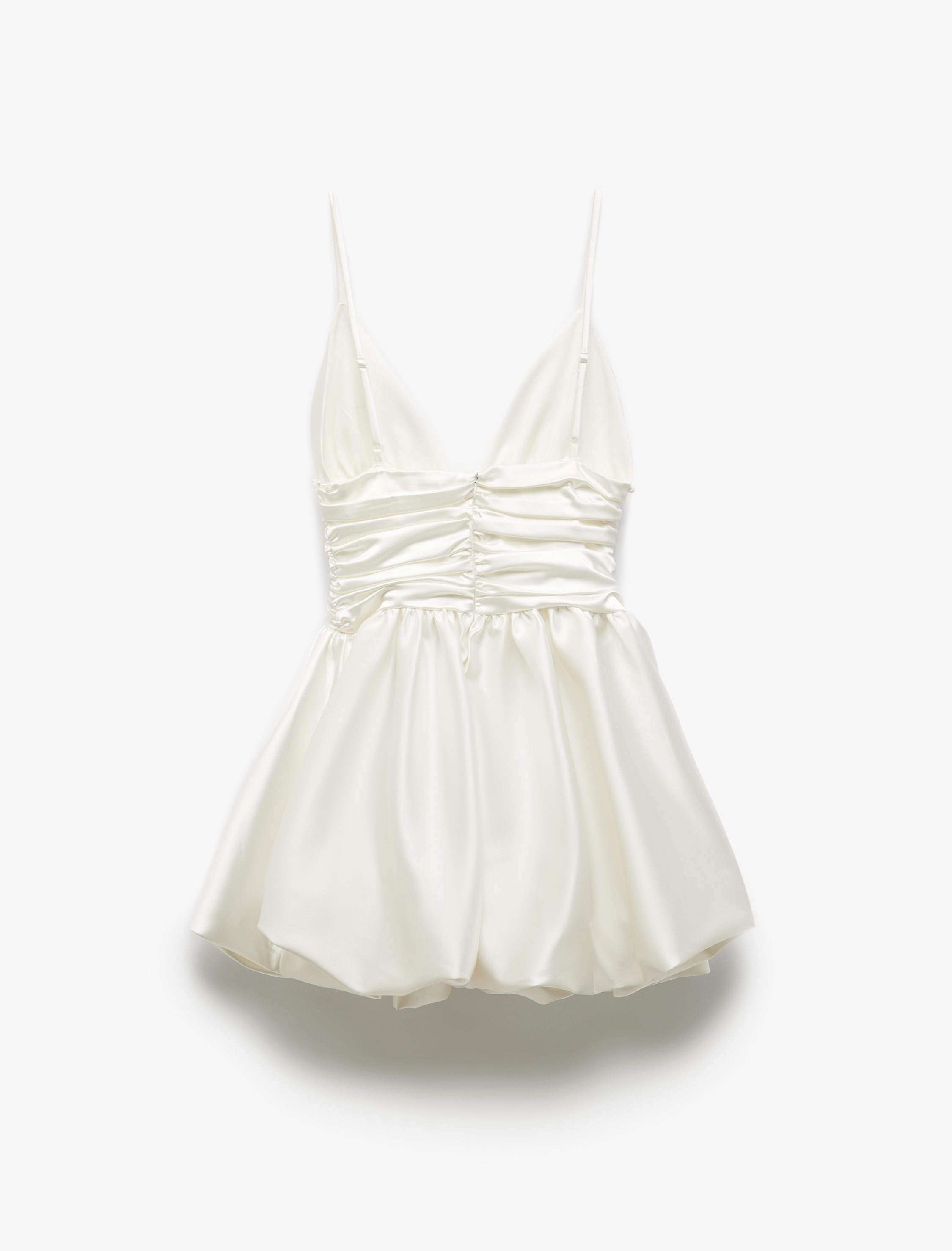   Koton X Sibil Çetinkaya - İnci Detaylı V Yaka Askılı Saten Balon Mini Abiye Elbise