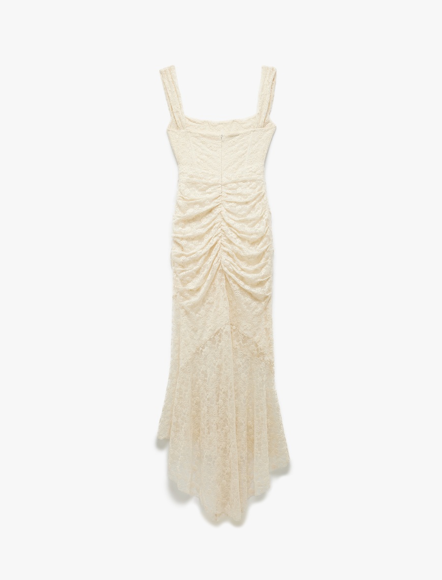   Koton X Sibil Çetinkaya - Kare Yaka Kolsuz Drapeli Asimetrik Bodycon Dantelli Uzun Abiye Elbise