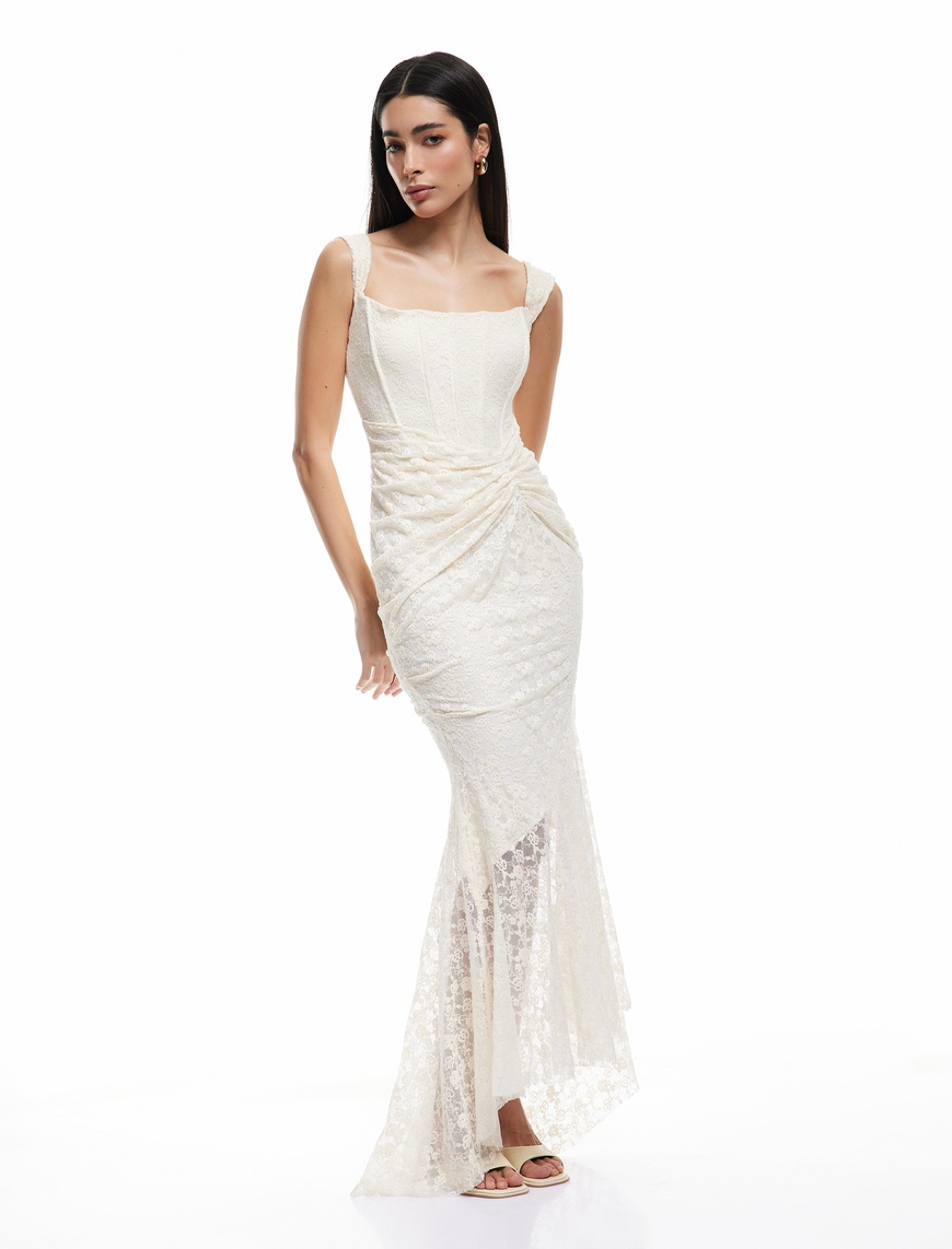   Koton X Sibil Çetinkaya - Kare Yaka Kolsuz Drapeli Asimetrik Bodycon Dantelli Uzun Abiye Elbise
