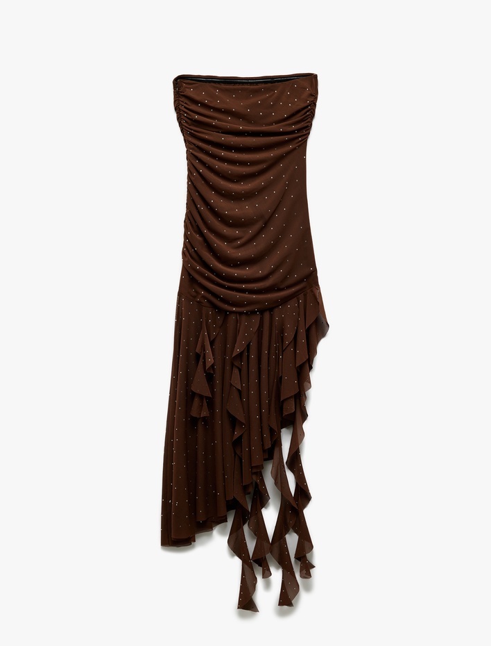  Koton X Sibil Çetinkaya - Straplez Tül Taşlı Asimetrik Mini Abiye Elbise