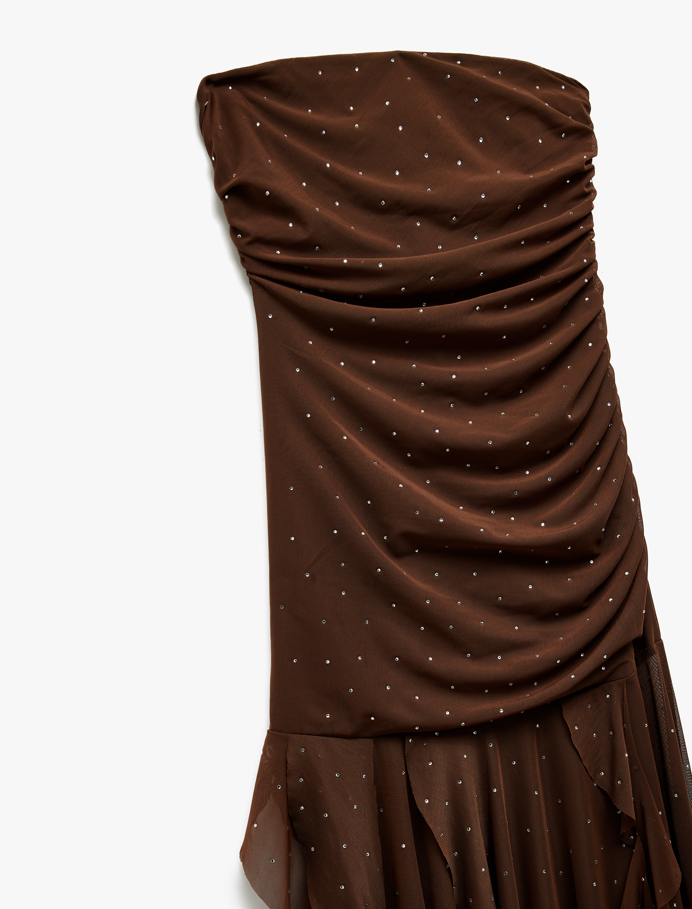   Koton X Sibil Çetinkaya - Straplez Tül Taşlı Asimetrik Mini Abiye Elbise