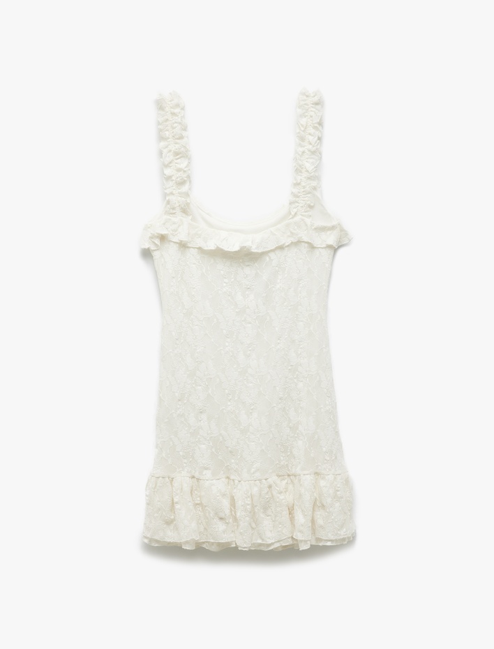  Koton X Sibil Çetinkaya - Slim Fit Astarlı Fırfırlı Askılı Dantel Mini Elbise