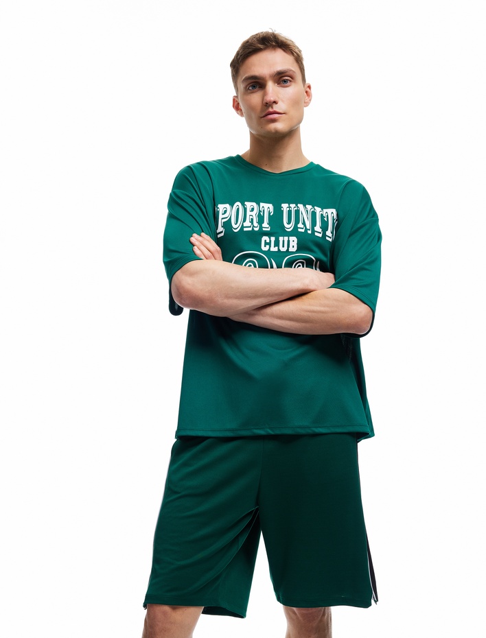  Yarım Kollu Bisiklet Yaka Kolej Baskılı Oversize Spor Tişört