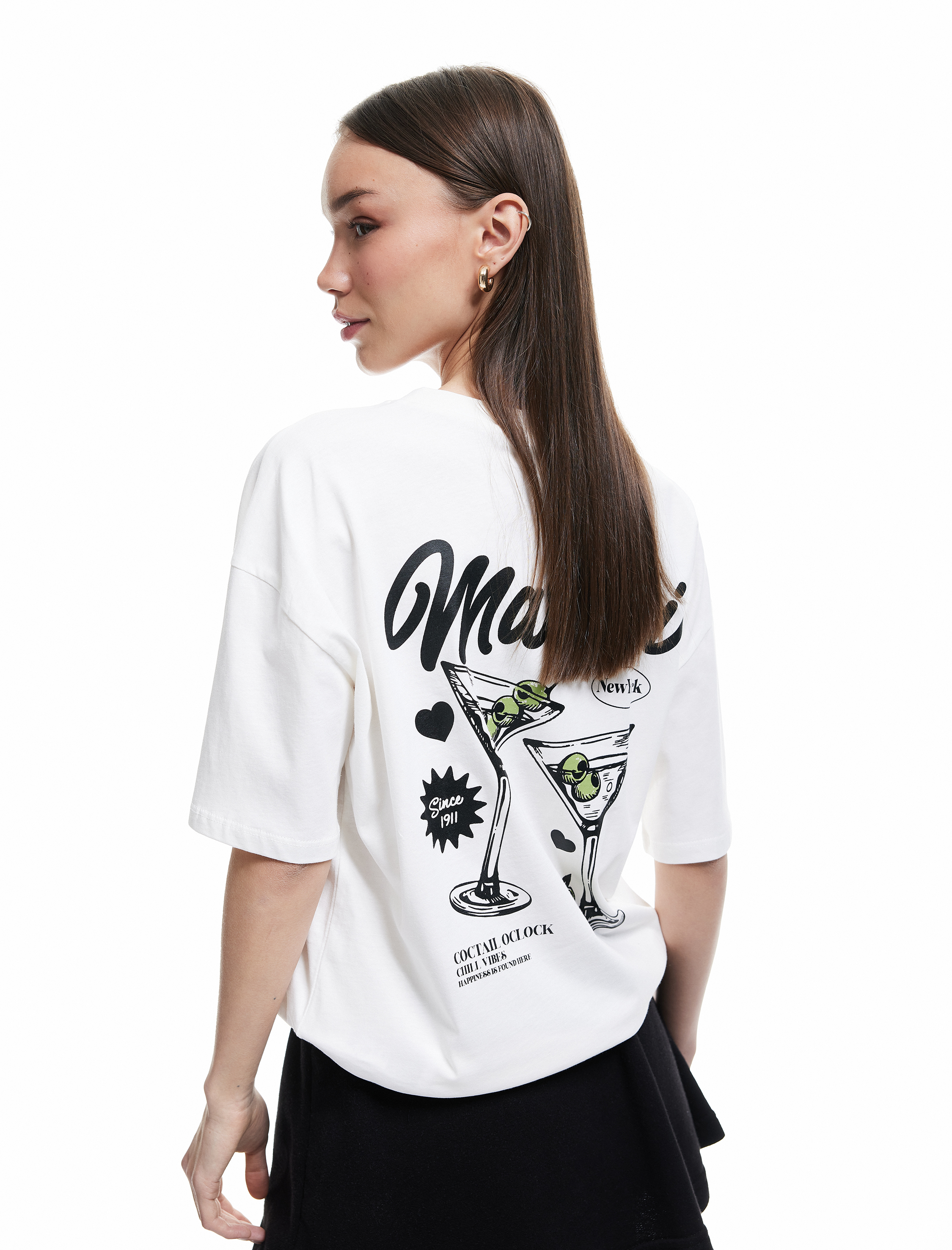   Bisiklet Yaka Kısa Kollu Arkası Baskılı Oversize Tişört