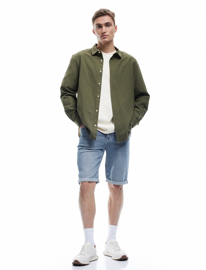  Düğmeli Pamuklu Katlamalı Paça Slim Fit Denim Şort