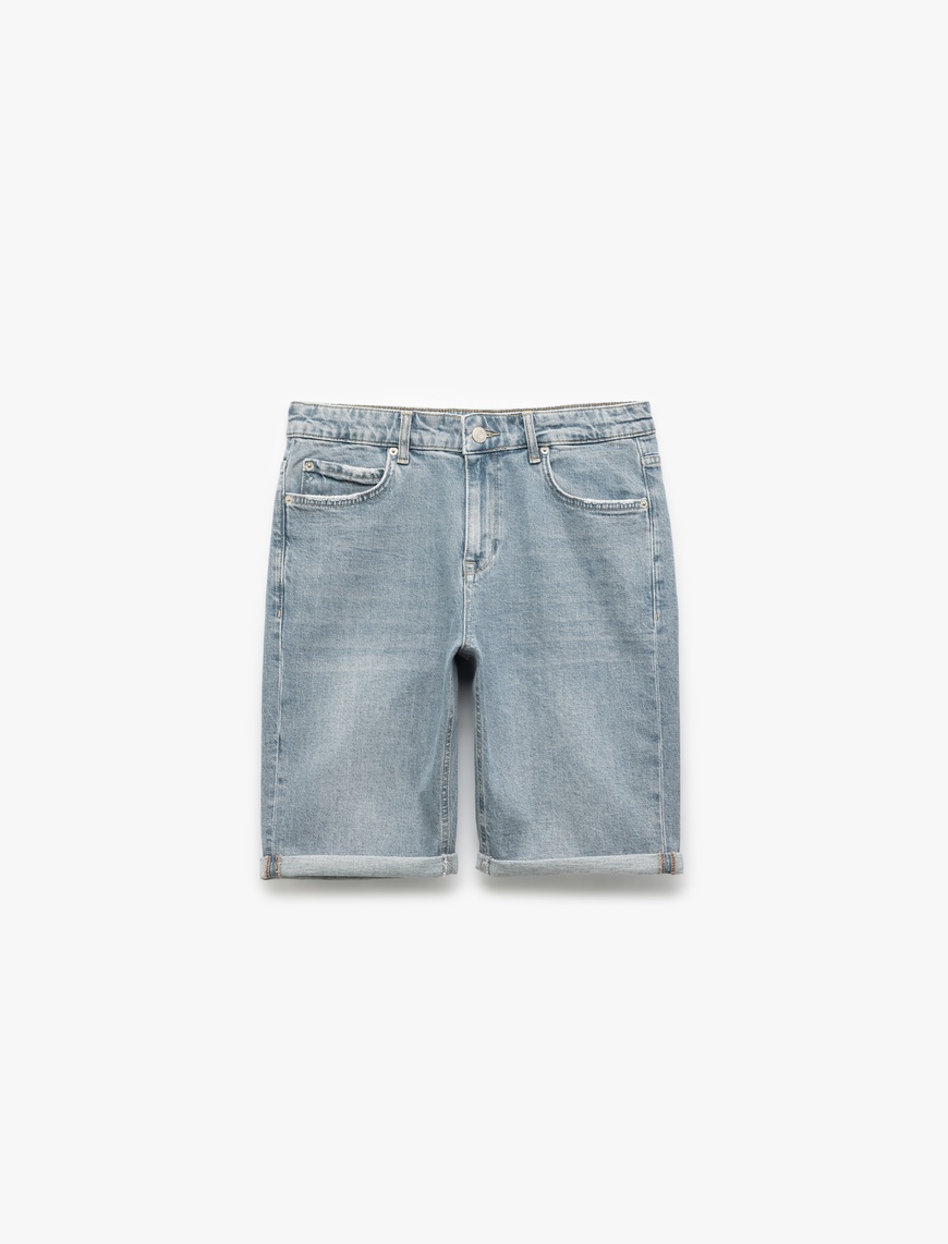   Düğmeli Pamuklu Katlamalı Paça Slim Fit Denim Şort