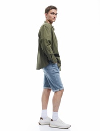 Düğmeli Pamuklu Katlamalı Paça Slim Fit Denim Şort