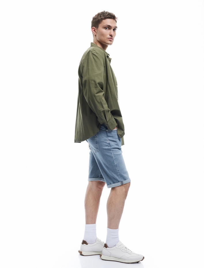  Düğmeli Pamuklu Katlamalı Paça Slim Fit Denim Şort