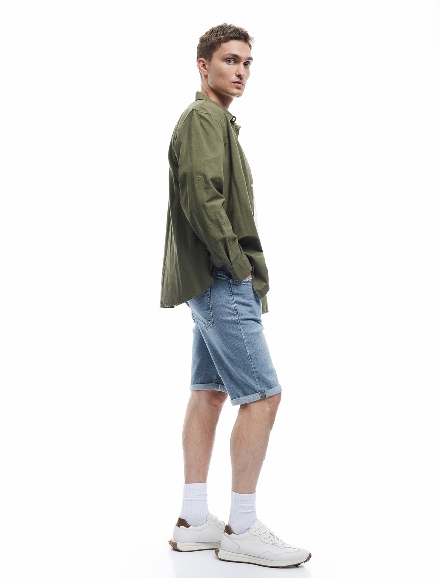   Düğmeli Pamuklu Katlamalı Paça Slim Fit Denim Şort