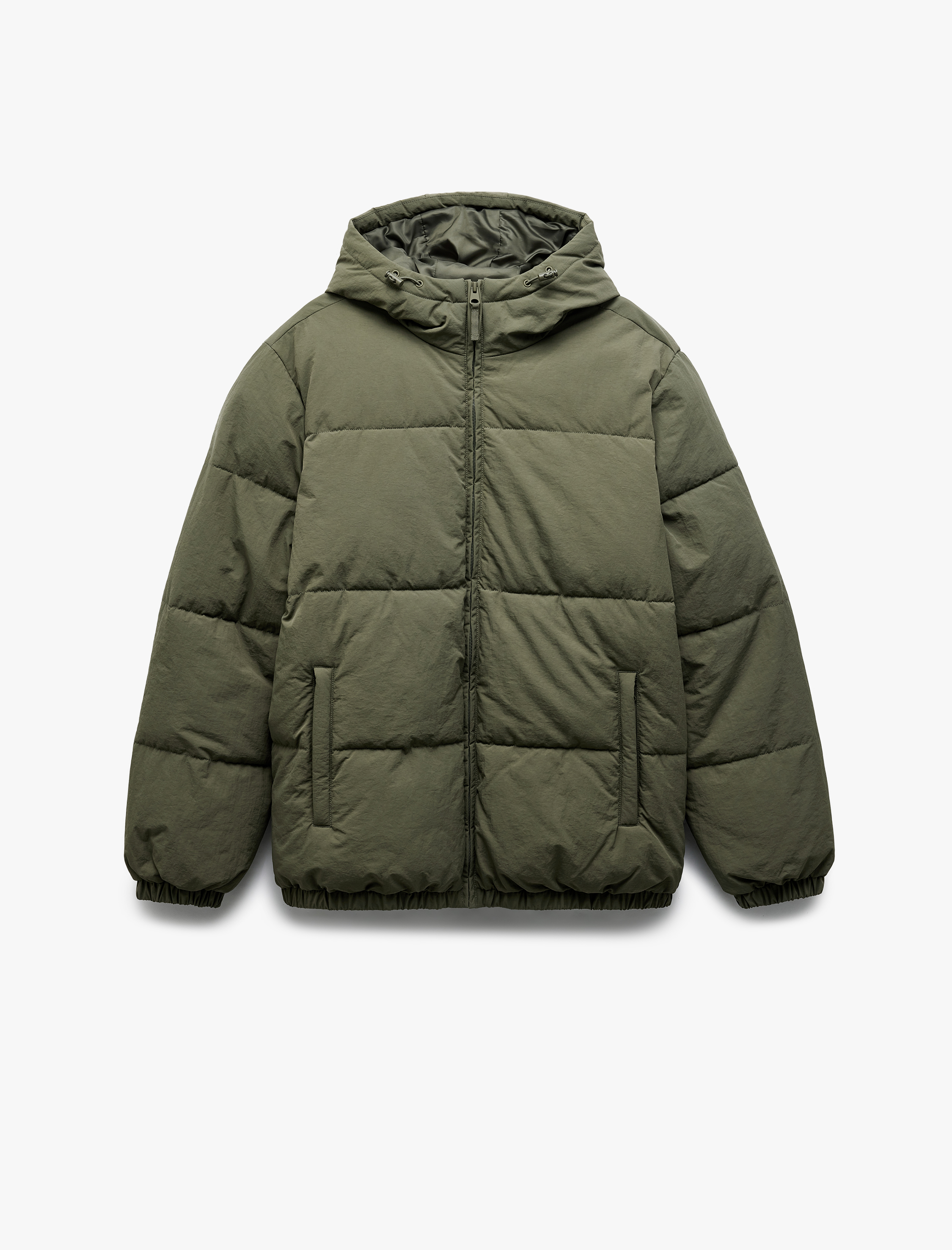 Uzun Kollu Cep Detaylı Fermuarlı Kapşonlu Kışlık Şişme Mont