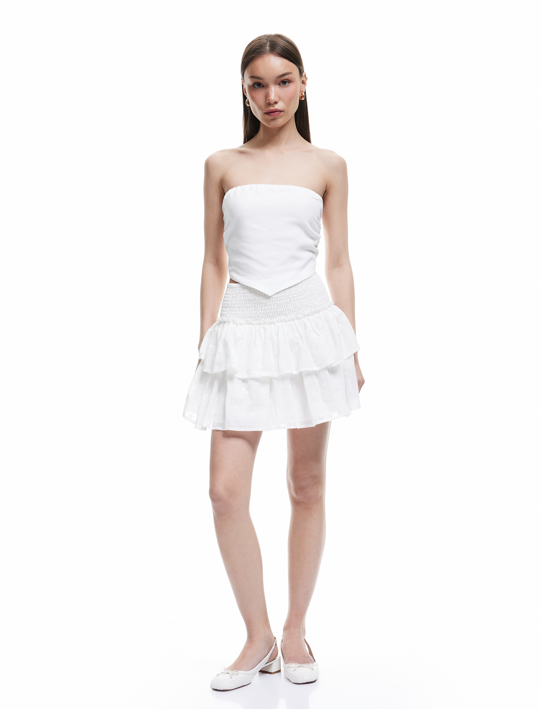   Brodeli Kat Detaylı Gipeli Mini Etek