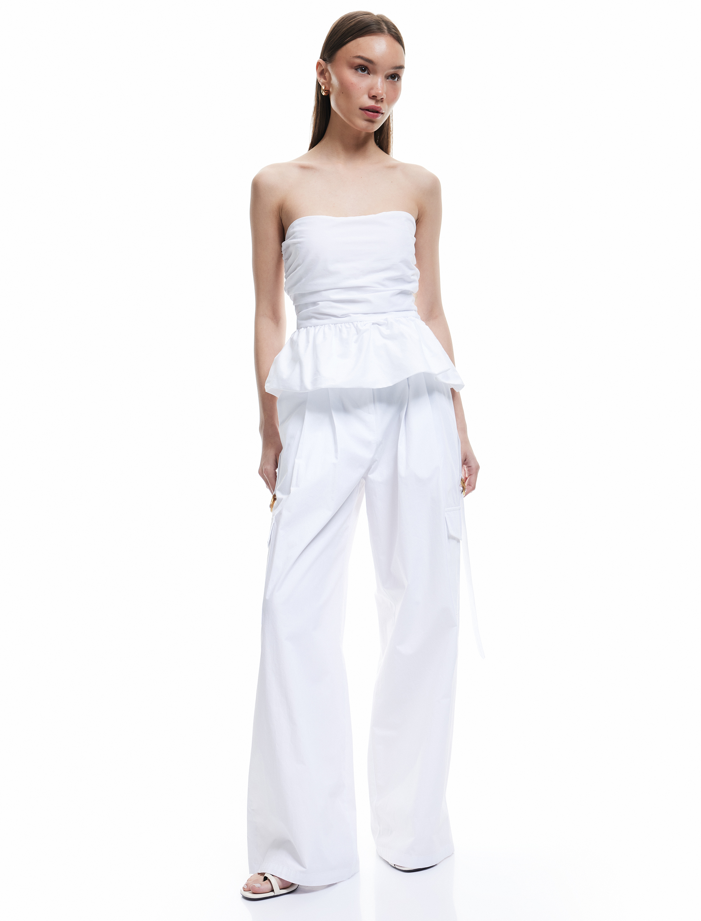   Straplez Yaka Volanlı Pamuklu Crop Bluz