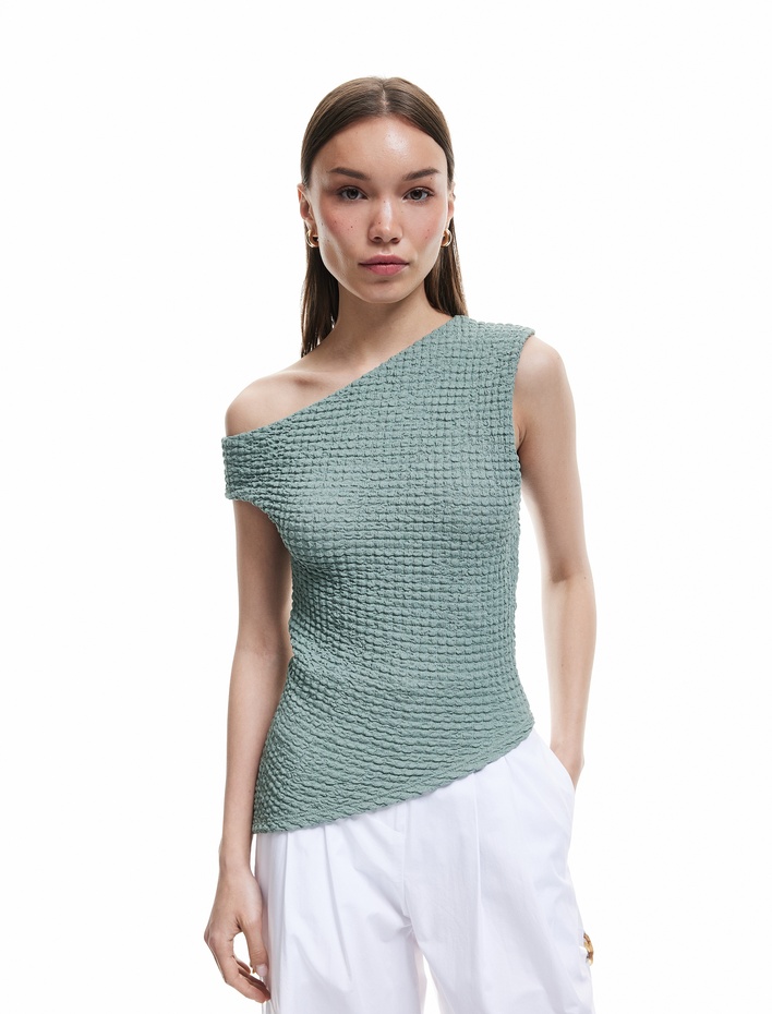 Bürümcük Kolsuz Slim Fit Asimetrik Bluz