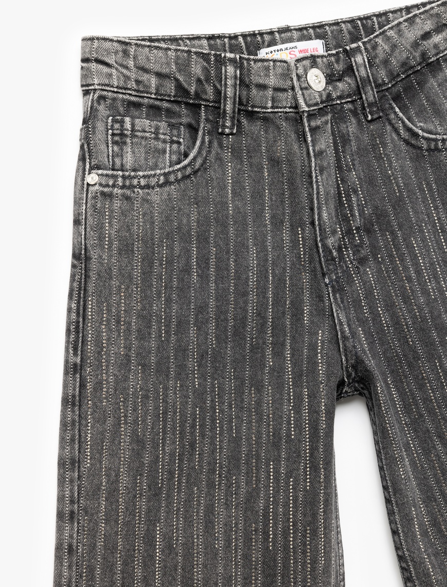  Kız Çocuk Pamuklu Çizgili Düğmeli Cepli Geniş Paça Jean Pantolon