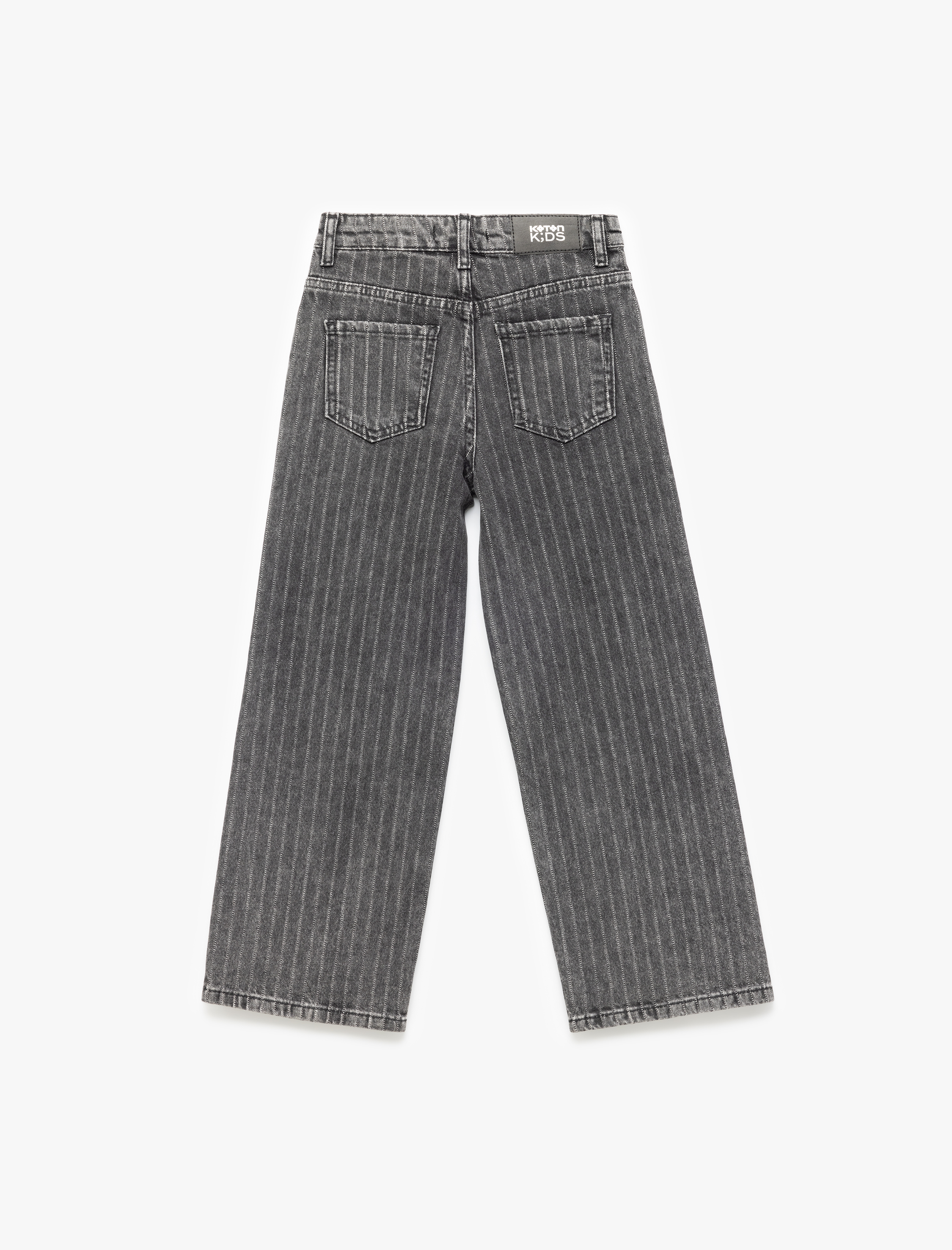  Kız Çocuk Pamuklu Çizgili Düğmeli Cepli Geniş Paça Jean Pantolon