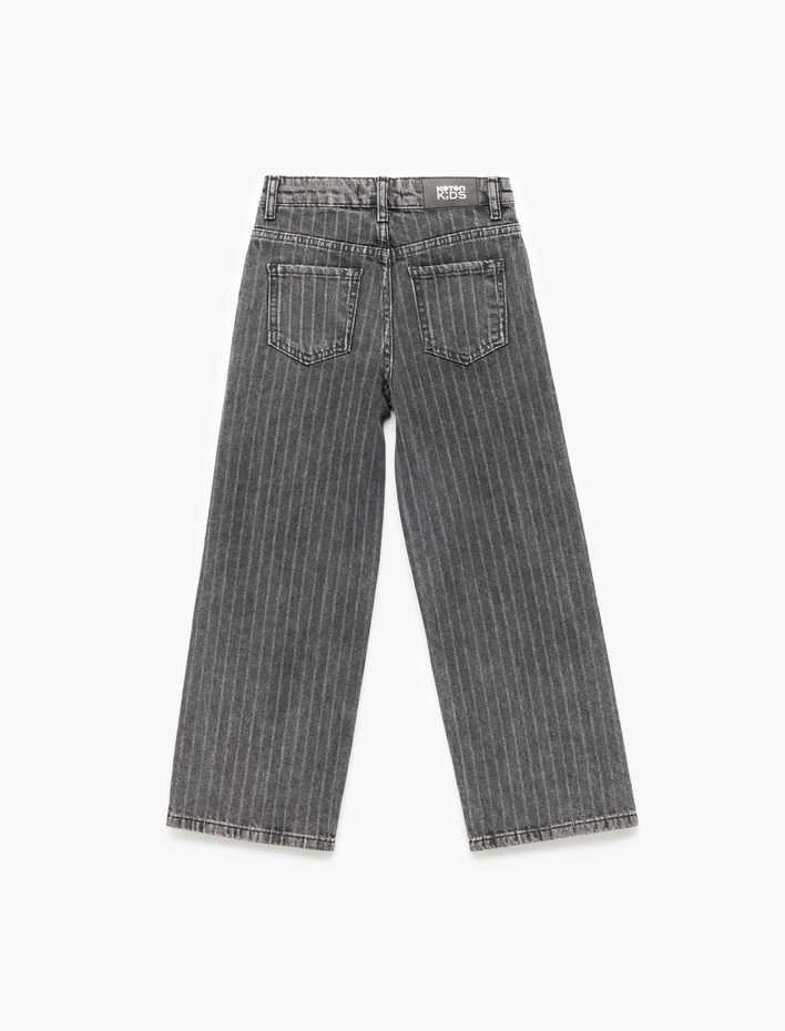 Kız Çocuk Pamuklu Çizgili Düğmeli Cepli Geniş Paça Jean Pantolon