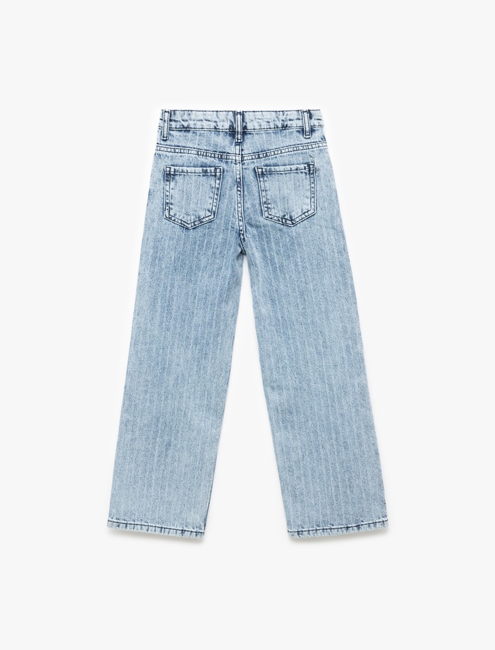 Kız Çocuk Pamuklu Cep Detaylı Çizgili Geniş Paça Simli Denim Pantolon