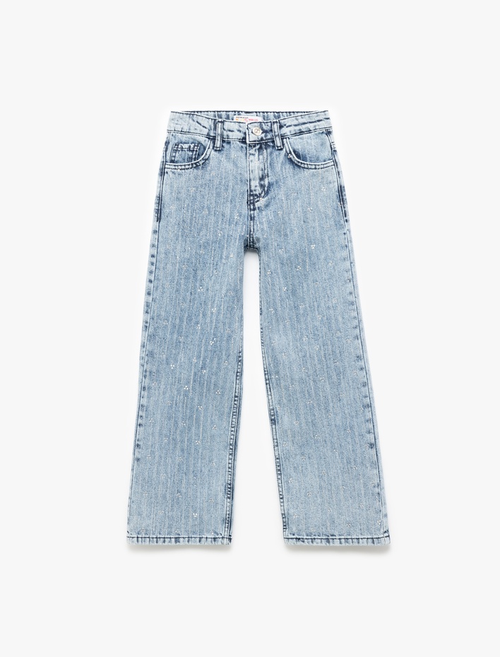Kız Çocuk Pamuklu Cep Detaylı Çizgili Geniş Paça Simli Denim Pantolon