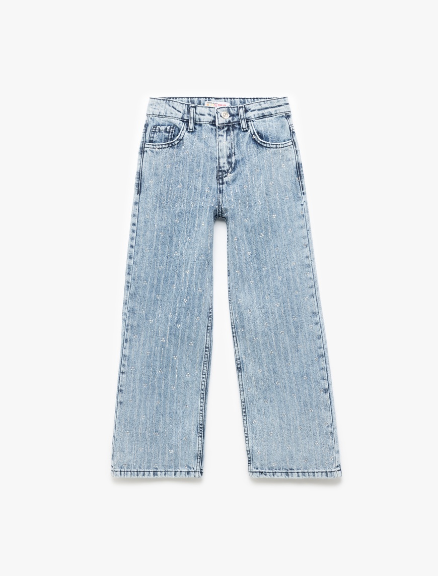  Kız Çocuk Pamuklu Cep Detaylı Çizgili Geniş Paça Simli Denim Pantolon