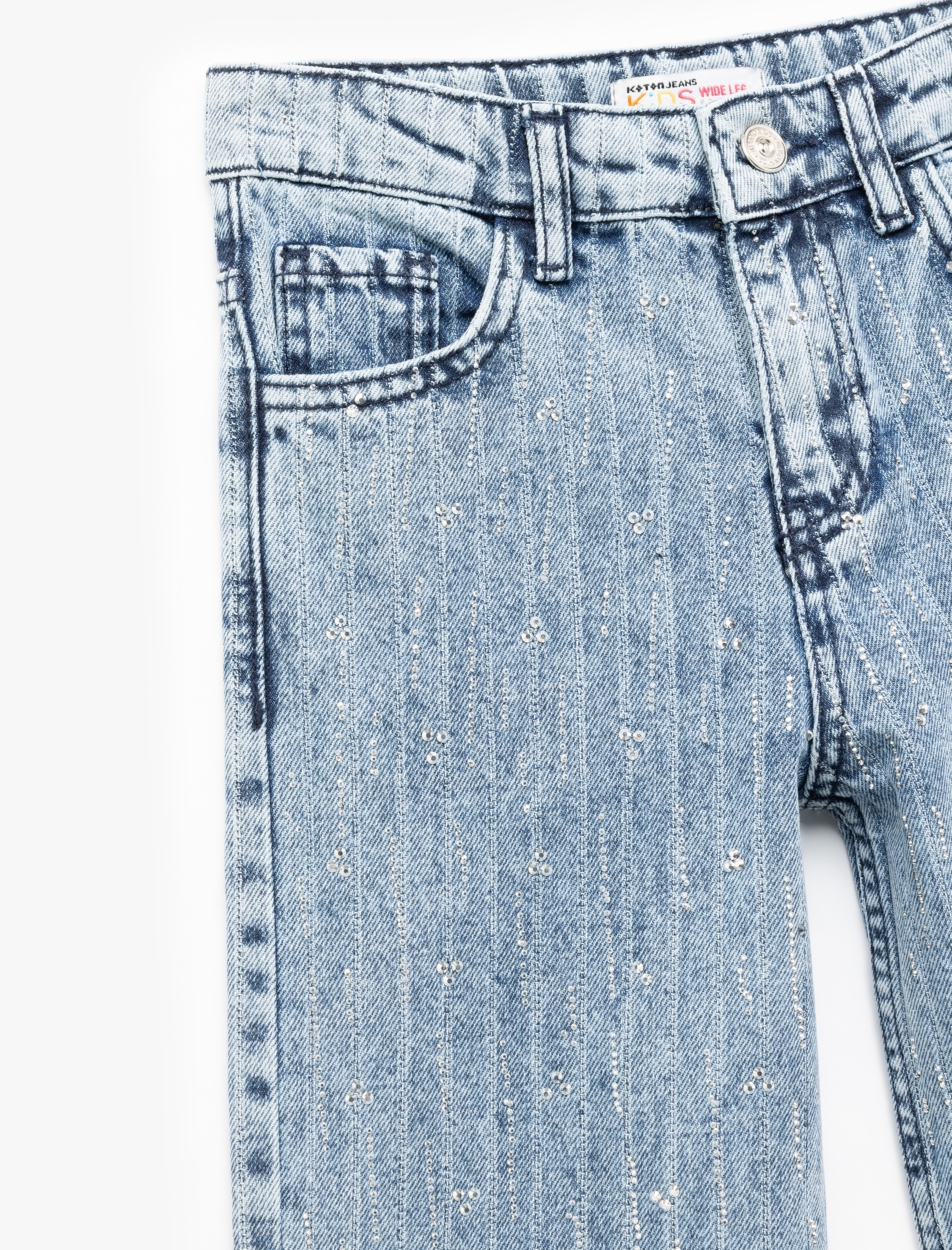 Kız Çocuk Pamuklu Cep Detaylı Çizgili Geniş Paça Simli Denim Pantolon