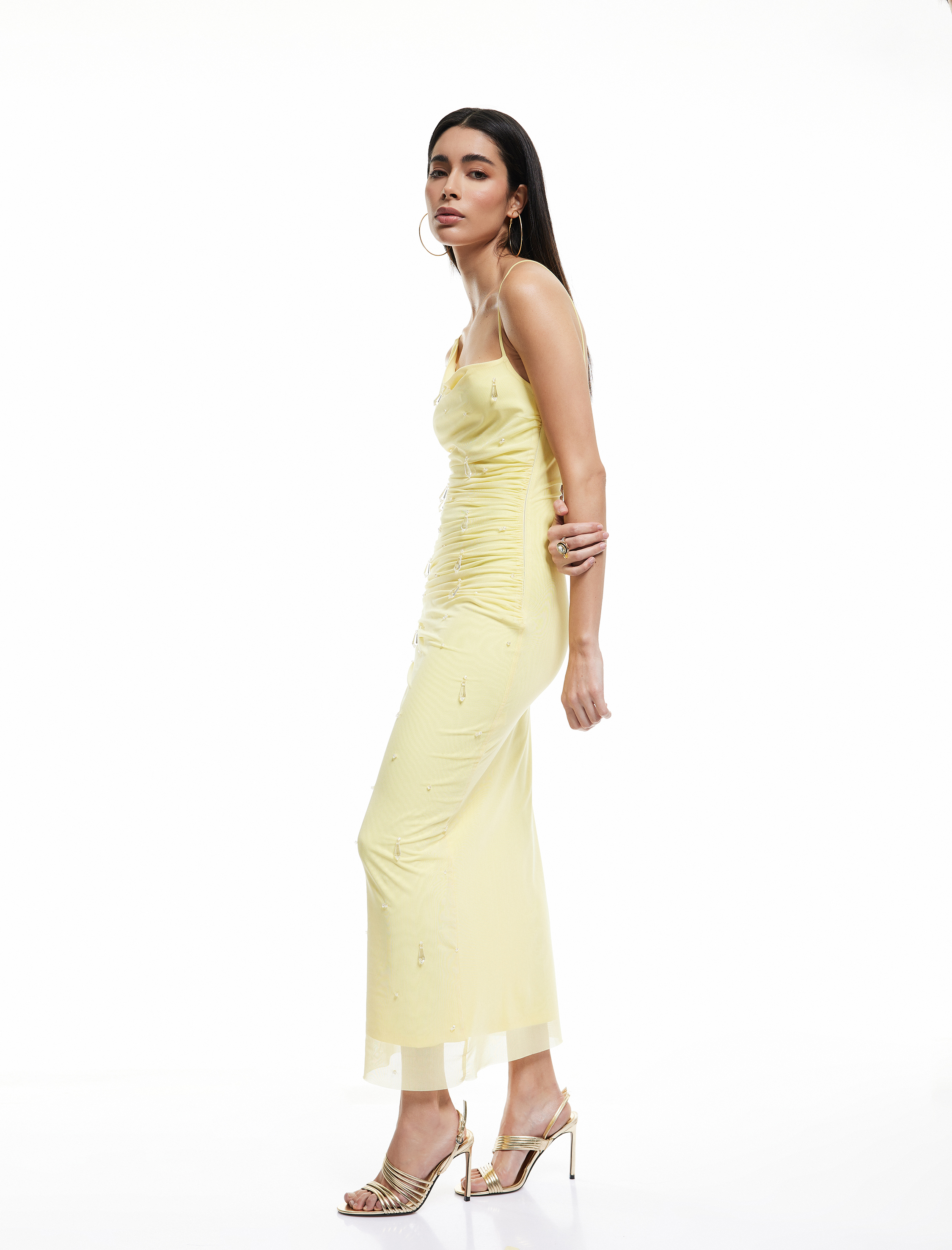   Koton X Sibil Çetinkaya - Degaje Yaka Midi Taşlı Tül Slip Abiye Elbise