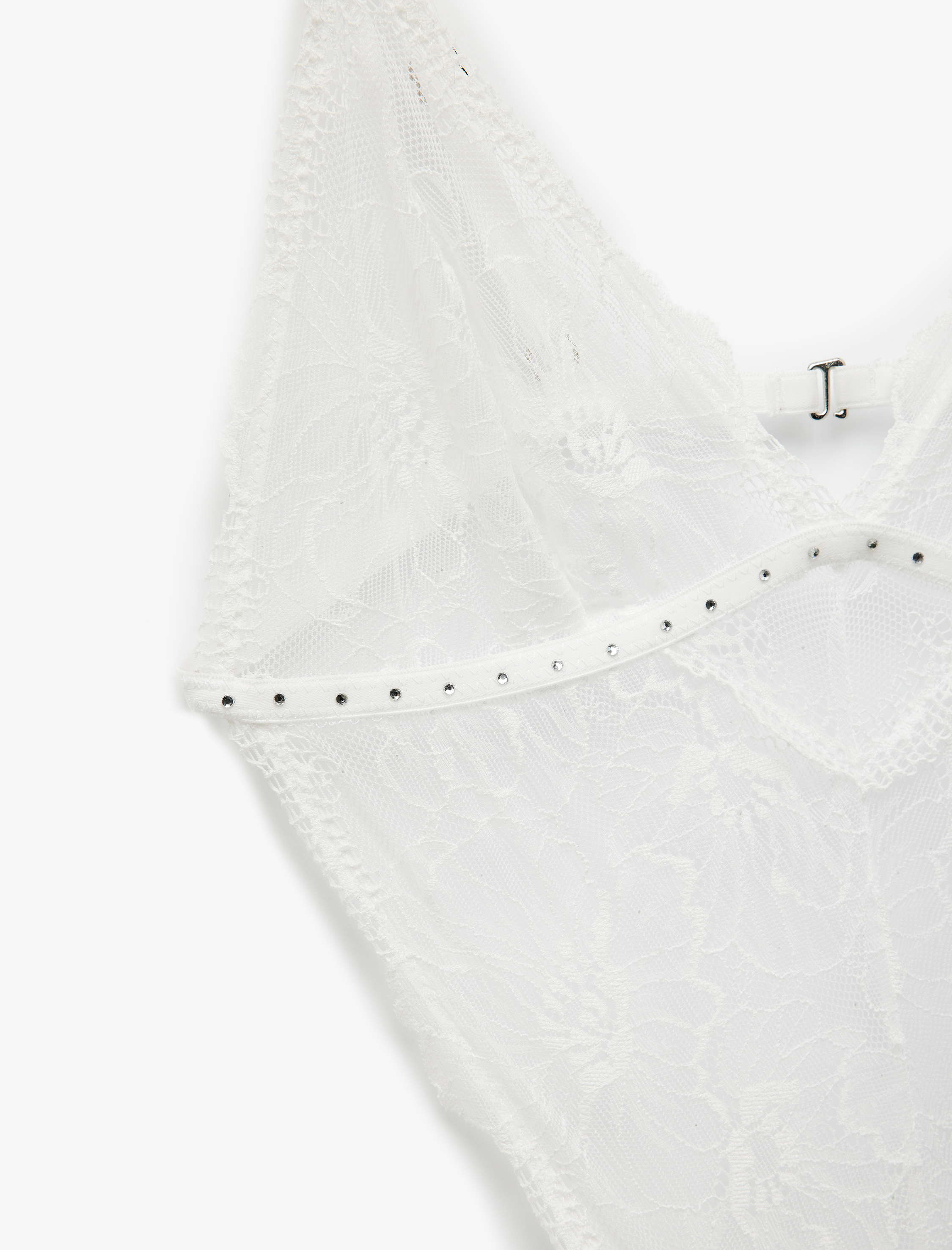 Pencere Detaylı Taşlı V Yaka Dantel Bodysuit