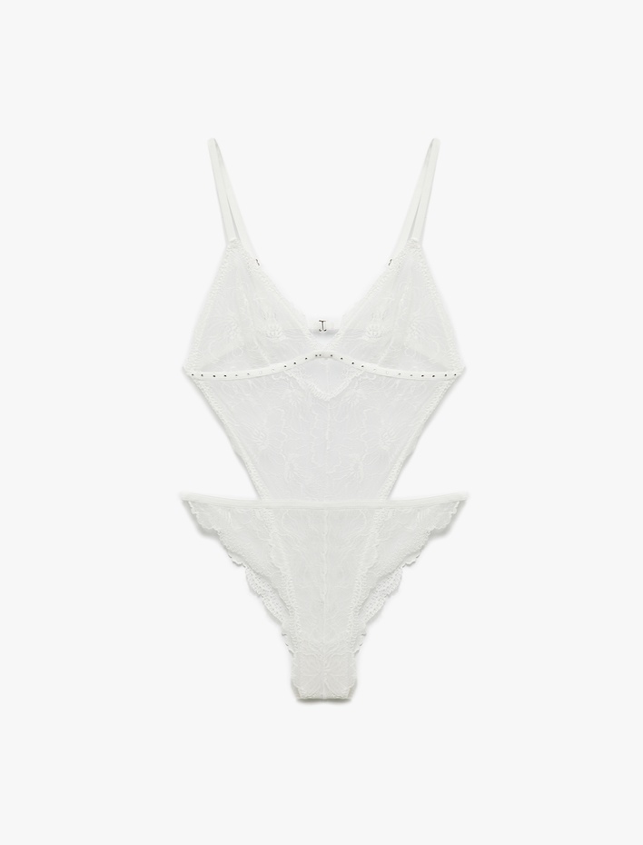  Pencere Detaylı Taşlı V Yaka Dantel Bodysuit