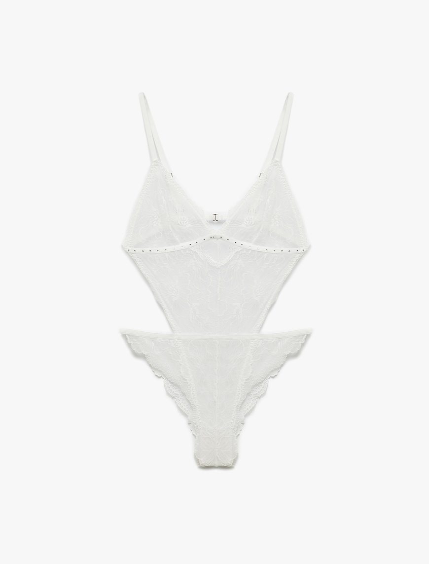   Pencere Detaylı Taşlı V Yaka Dantel Bodysuit