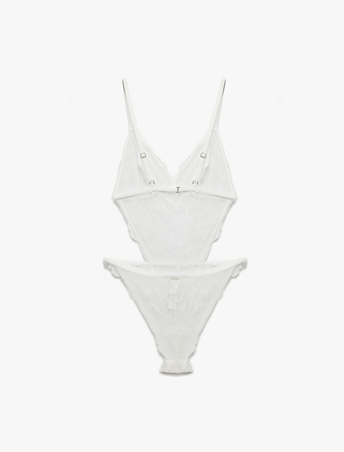  Pencere Detaylı Taşlı V Yaka Dantel Bodysuit