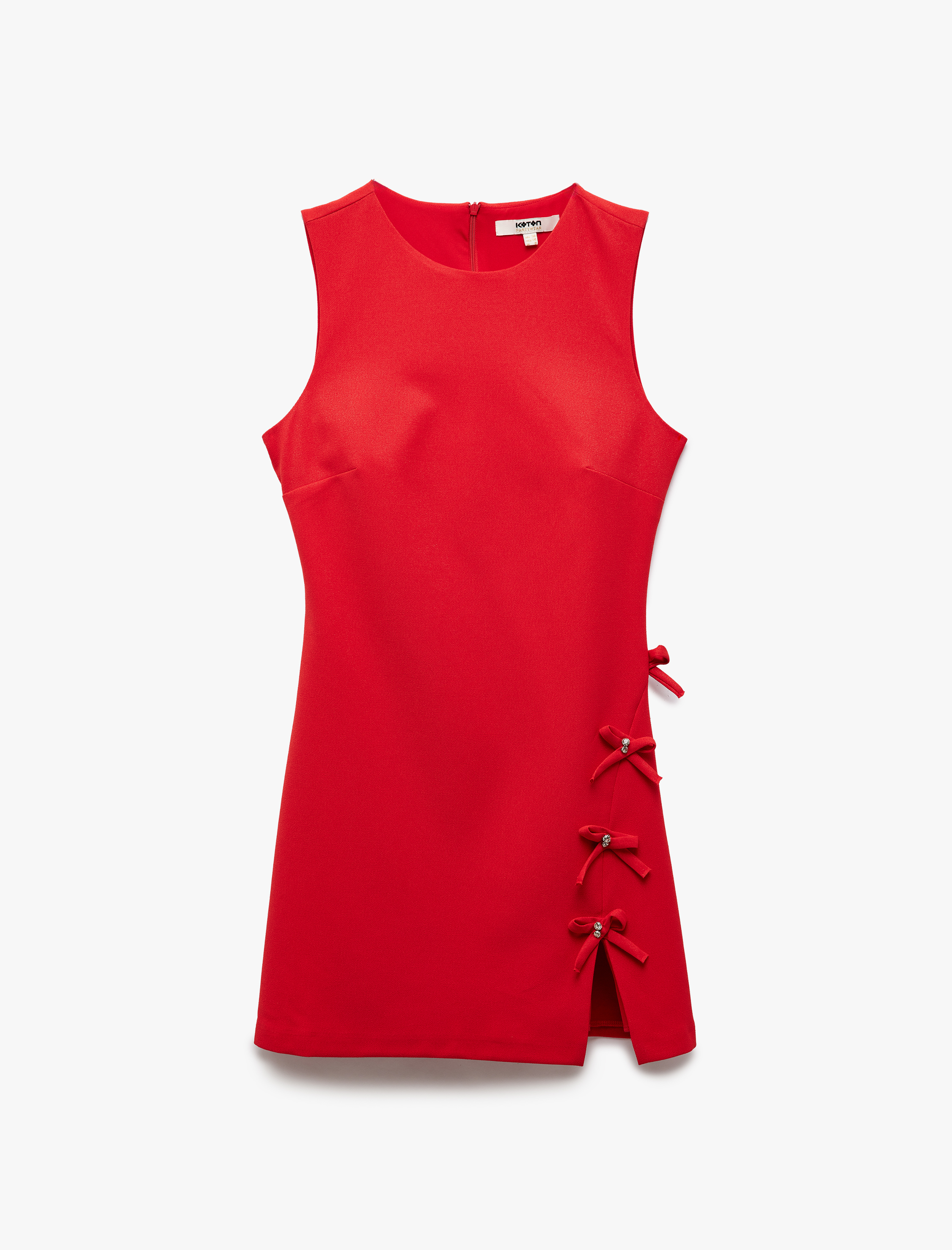   Taş Detaylı Fiyonklu Bisiklet Yaka Kolsuz Slim Fit Mini Abiye Elbise