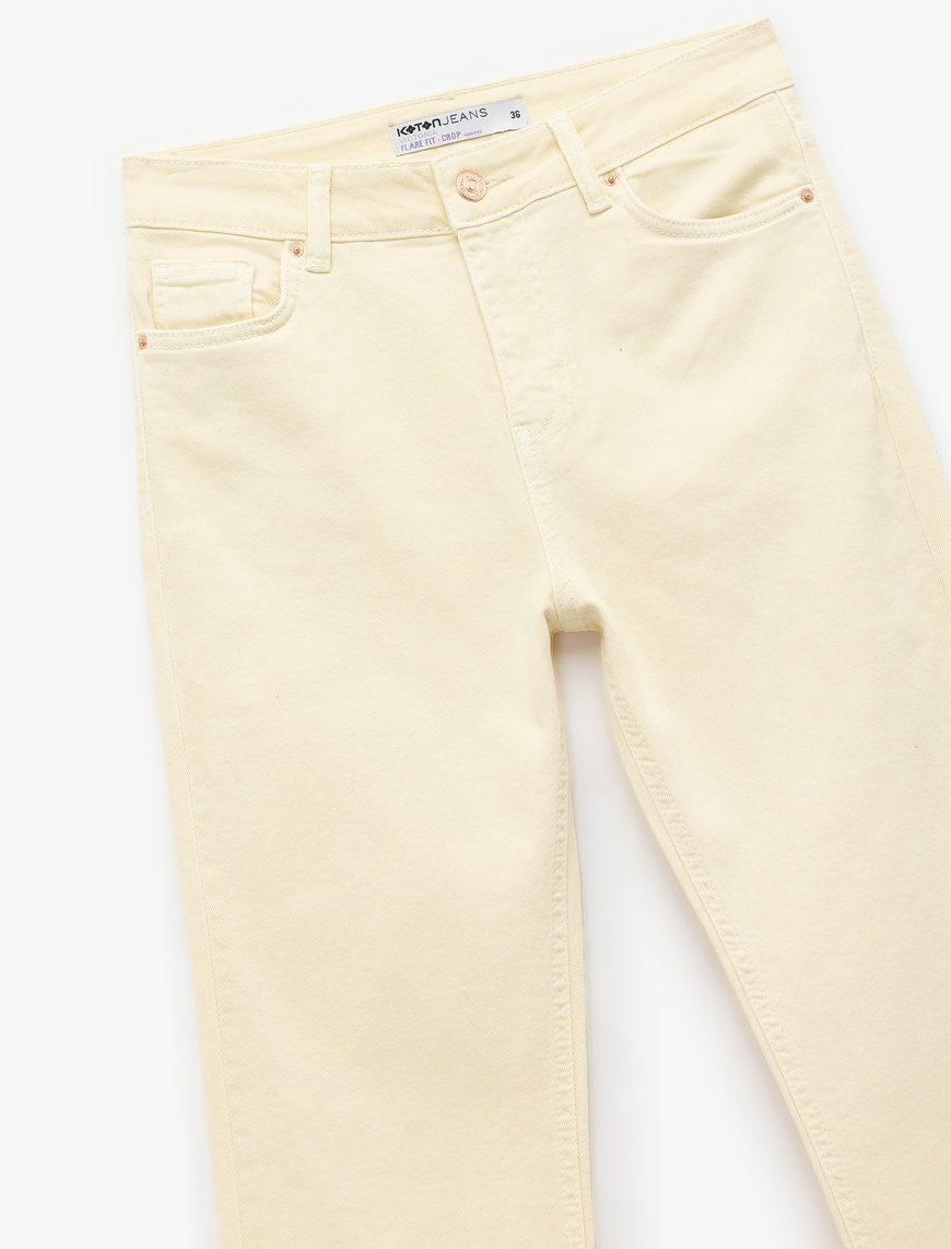   Pamuklu Düğmeli Cepli Dar Kalıp Yüksek Bel İspanyol Paça Jean Pantolon - Flare Jeans