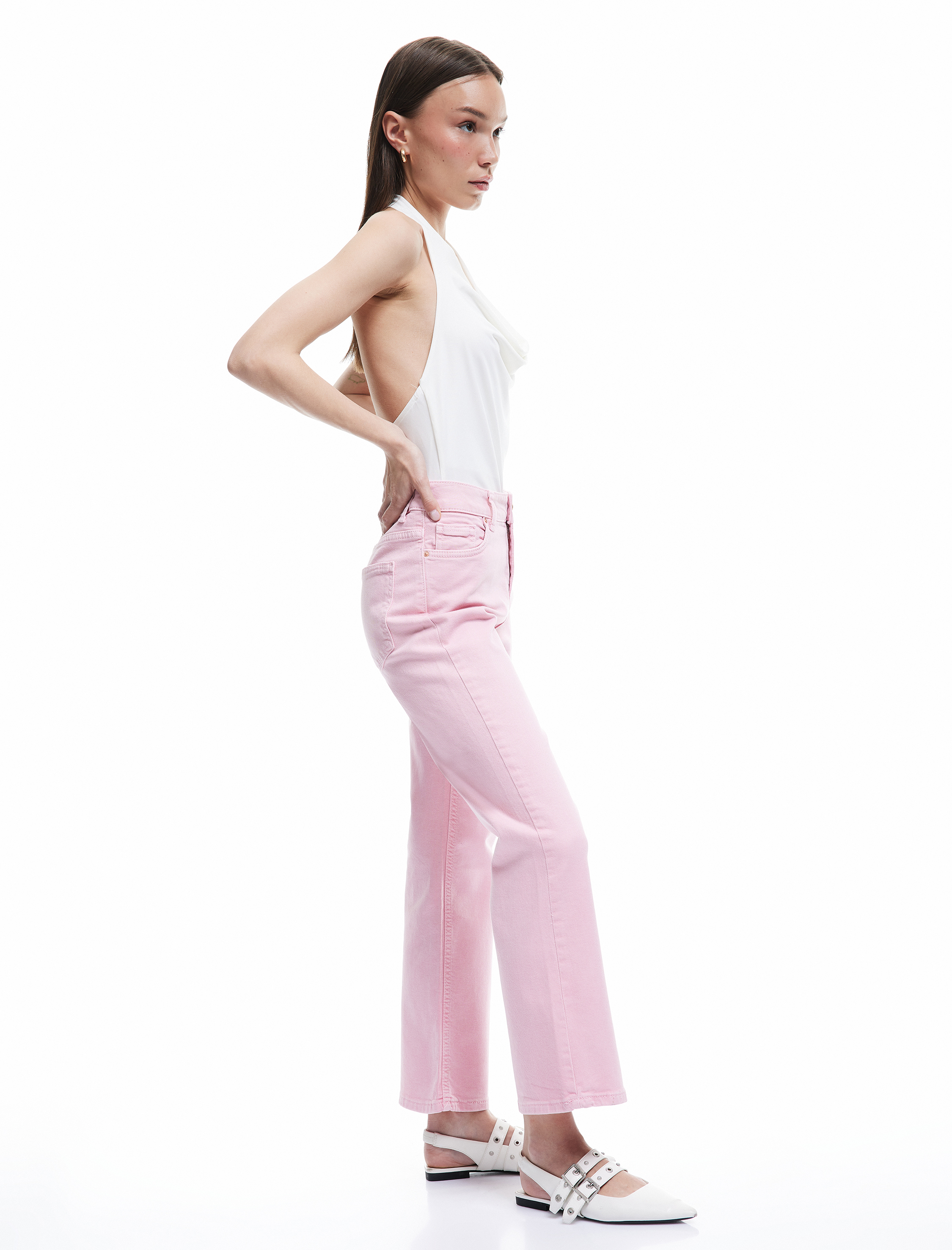   Pamuklu Düğmeli Cepli Dar Kalıp Yüksek Bel Bootcut Jean Pantolon - Kick Flare Jean