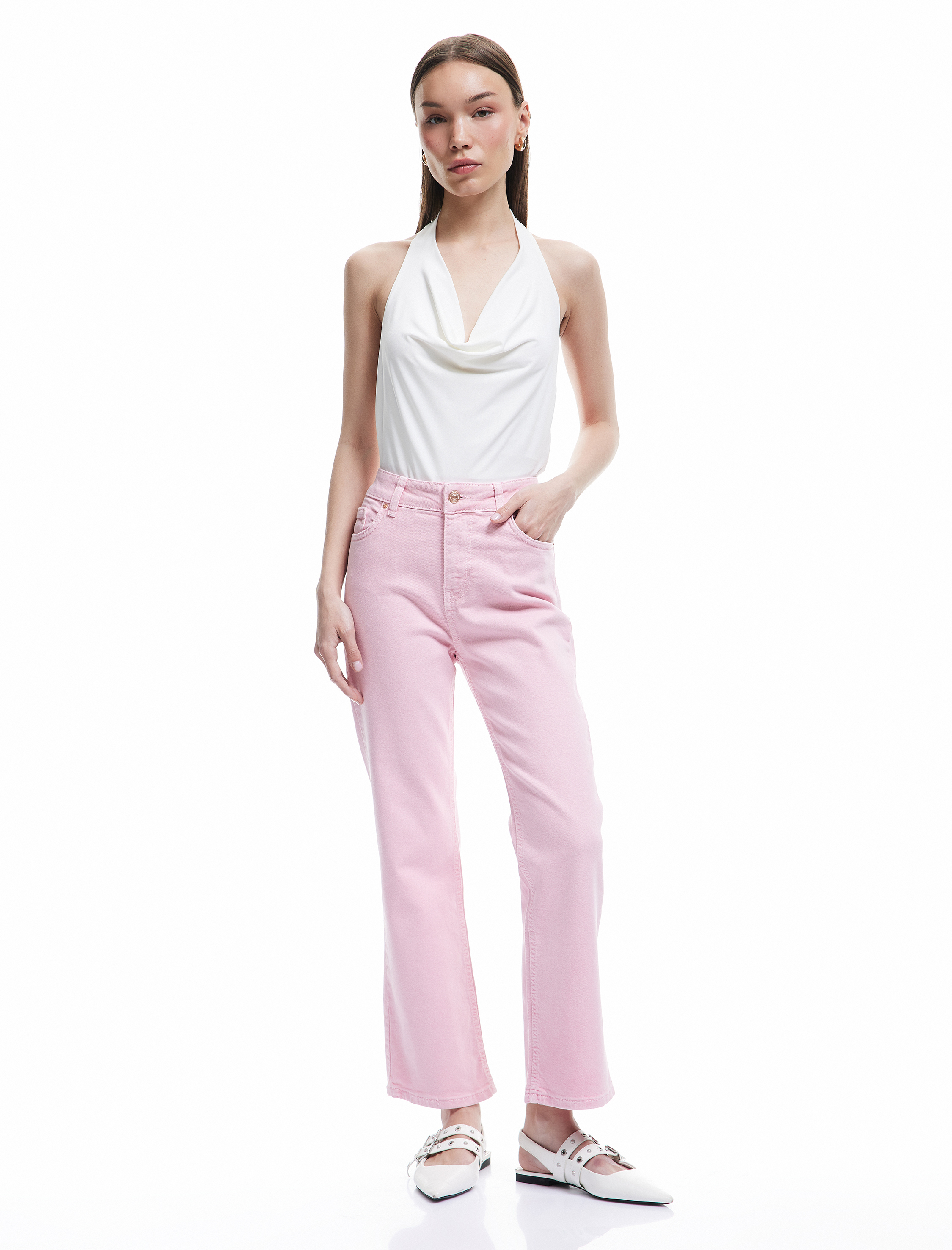   Pamuklu Düğmeli Cepli Dar Kalıp Yüksek Bel Bootcut Jean Pantolon - Kick Flare Jean