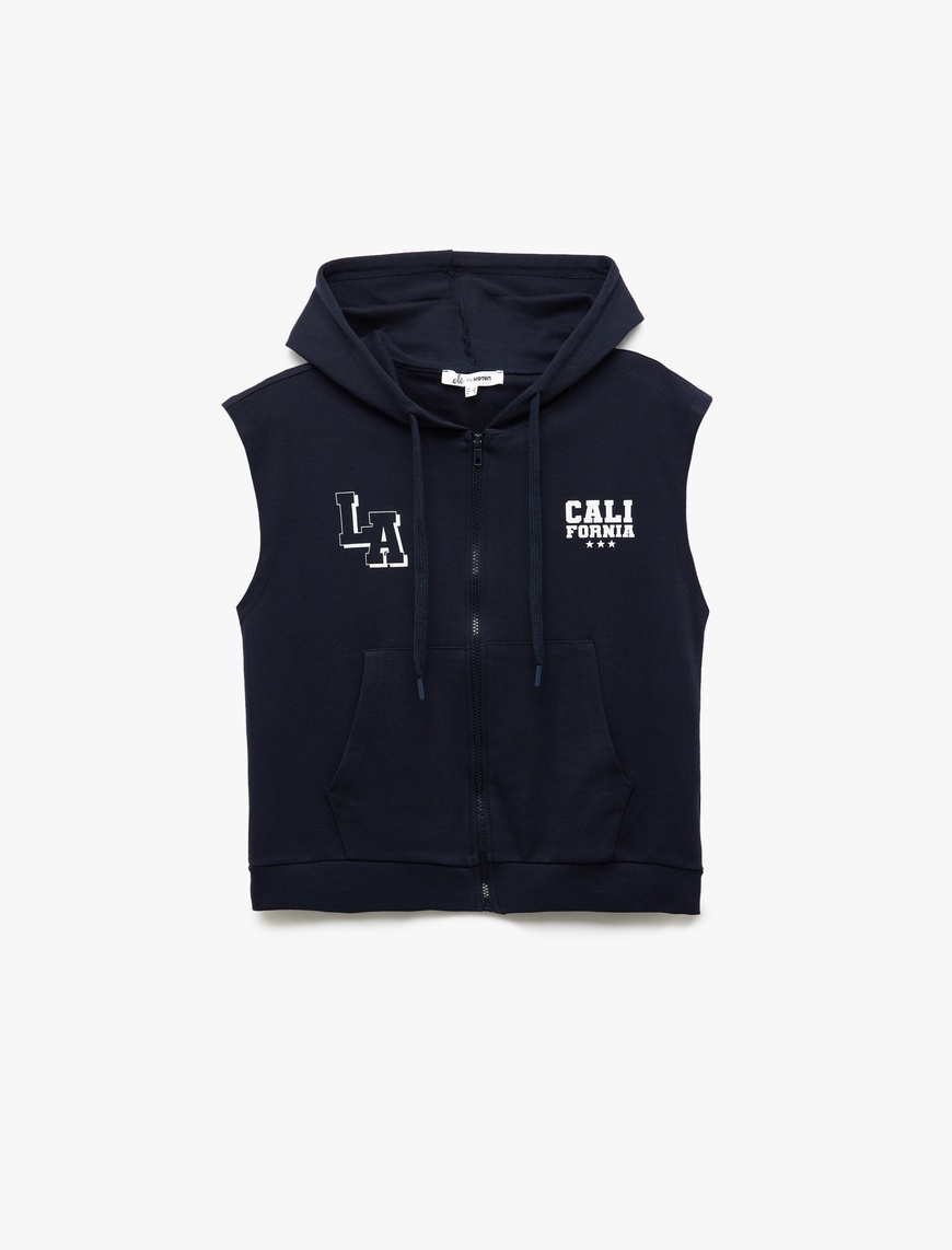   Fermuarlı Arkası Baskılı Cep Detaylı Kapüşonlu Kolsuz Sweatshirt
