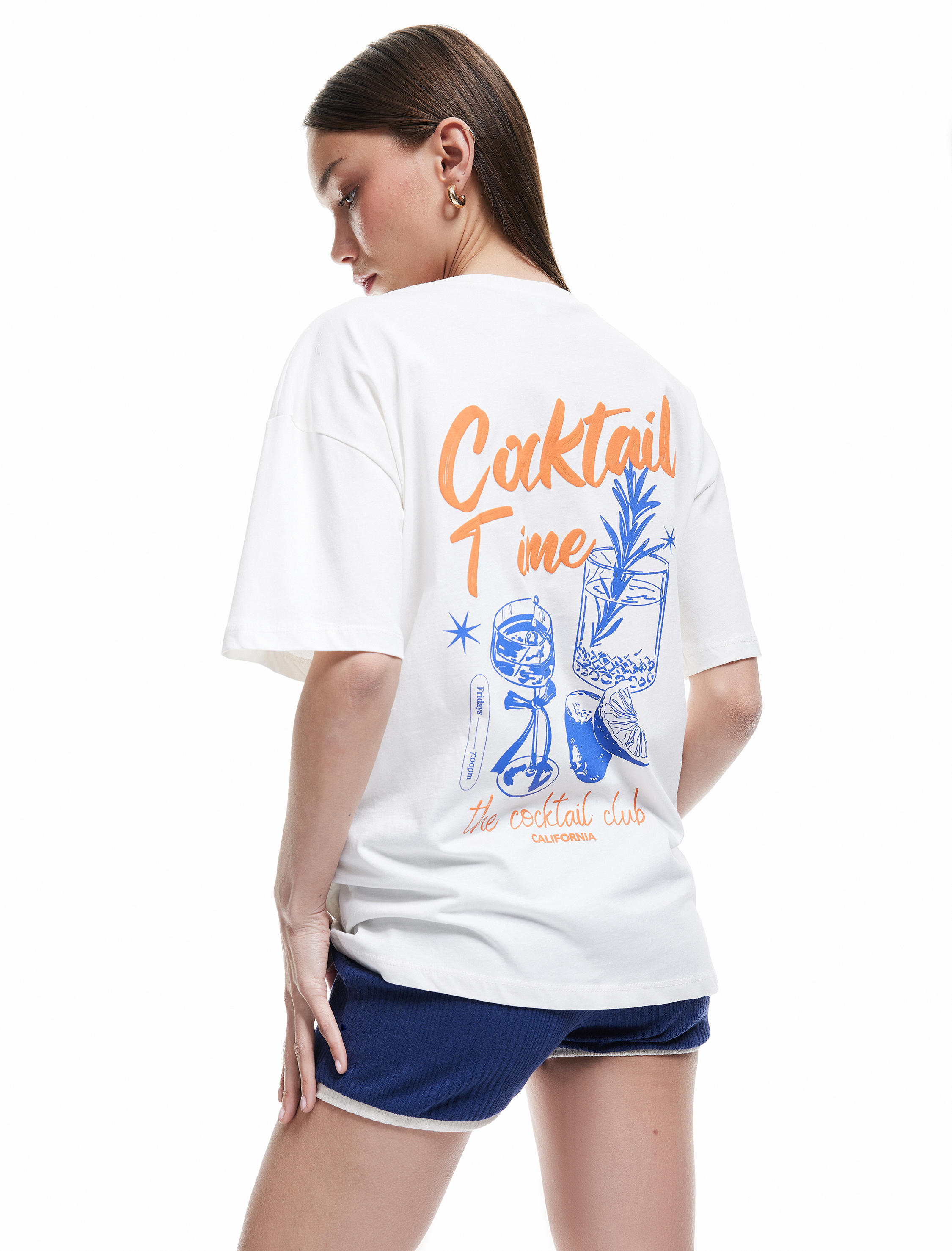 Pamuklu Kısa Kollu Bisiklet Yaka Baskılı Oversize Tişört